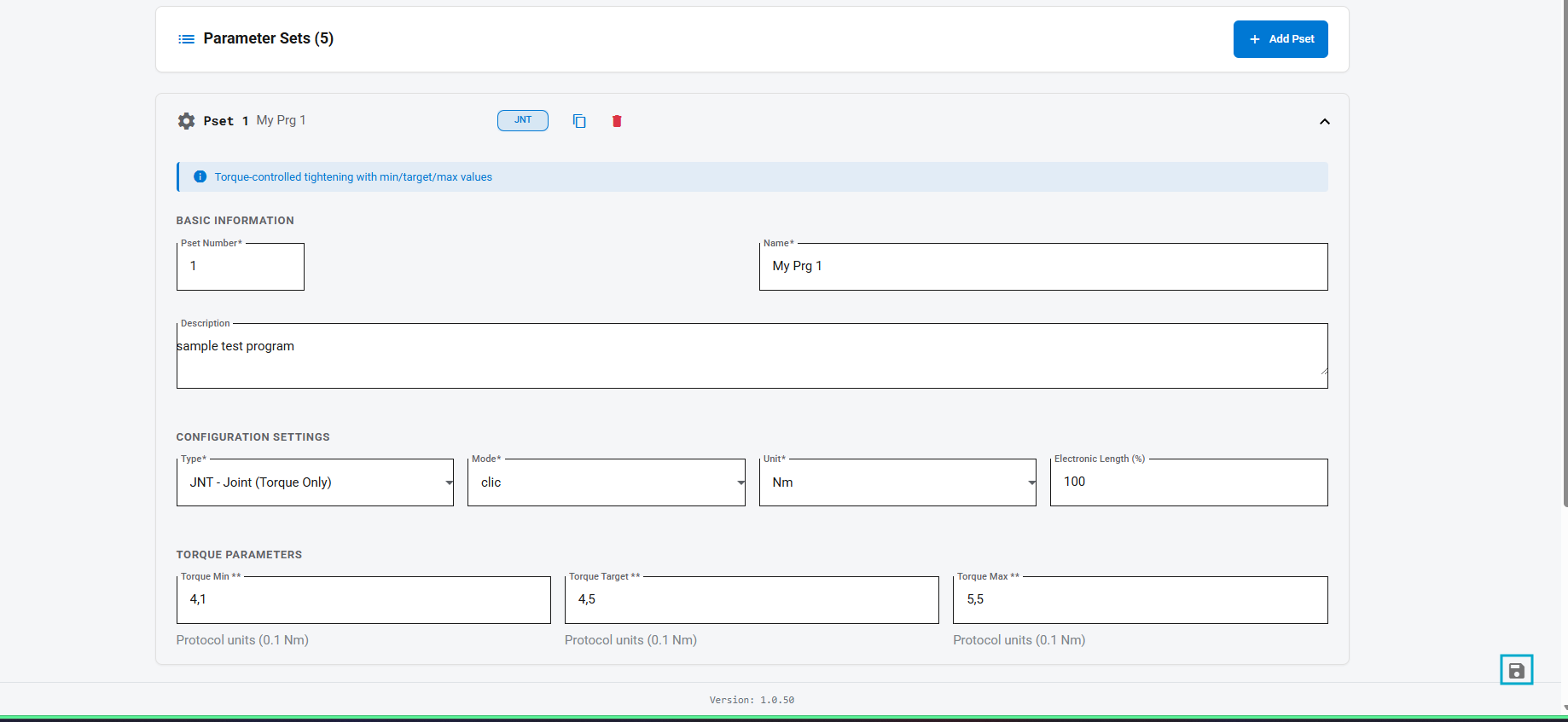 Parameter Set Detail